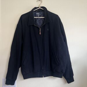 Vtg Polo Ralph Lauren Jacket Mens‎ 2XL Navy 100% Wool Quilt Lined Full Zip Logo